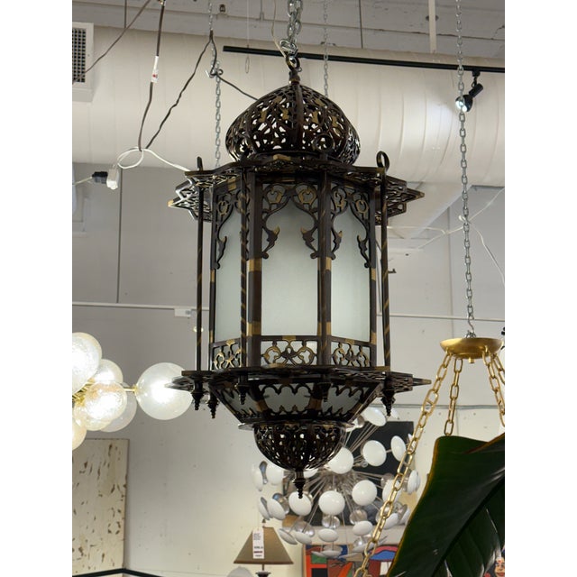 Vintage Moorish Octagonal Metal + Glass Lantern For Sale - Image 4 of 12