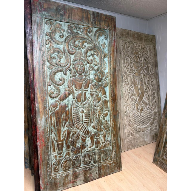 Radha Krishna Carved Wood Wall Art Blue Vintage Barn Door Wall Panel 84x41 For Sale In Orlando - Image 6 of 7