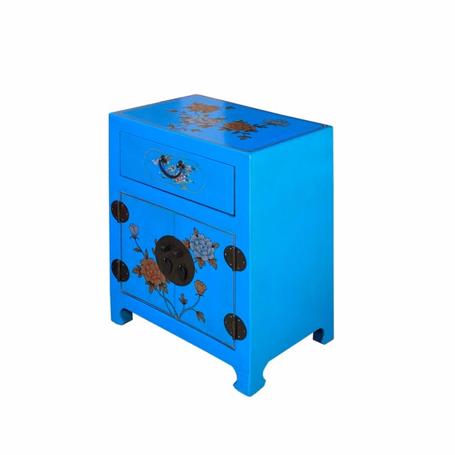 This is a simple end table nightstand made of wood and covered with a layer of vinyl. This is in bright blue #0093FE base...