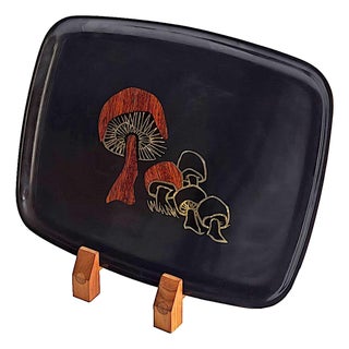 Mid 20th Century Couroc of Monterey Tray With Brass and Wood Inlay Mushrooms For Sale