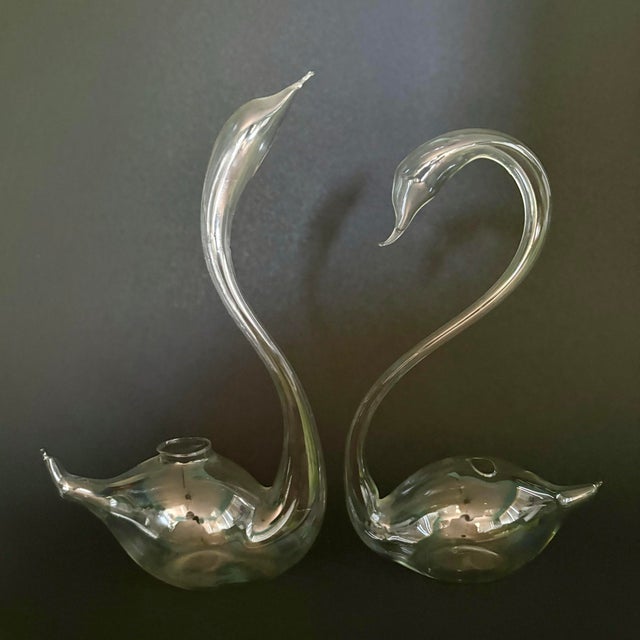 Mid-Century Modern Vintage Pair of Delicate Glass Swan Bud Vases – Elegant Clear Figural Glass Decor For Sale - Image 3 of 9