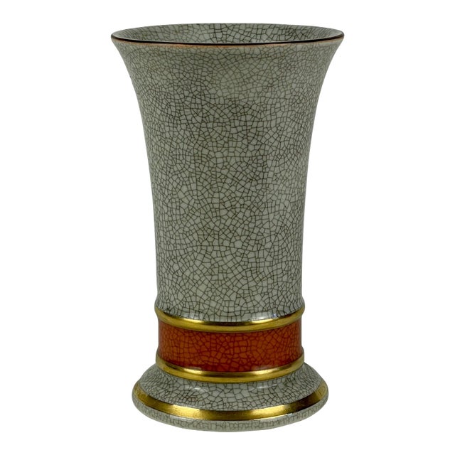 1960's Royal Copenhagen Denmark Grey Crackle Ceramic Vase With Orange & Gilded Bands For Sale