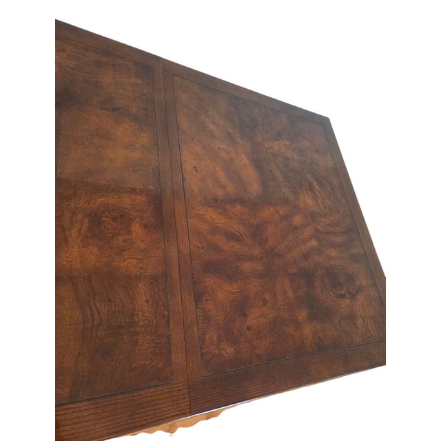 1980s Henredon Scene One Campaign Oak Burlwood Dining Room Parson Table Extension For Sale - Image 14 of 18
