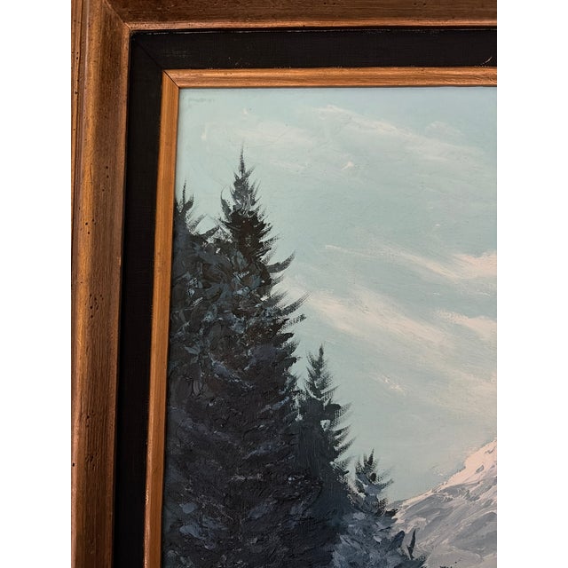 Size 28 X 32 Signed 1977 Original Snowy Alpine River Landscape Acrylic on Canvas in Wood Frame For Sale In San Diego - Image 6 of 10