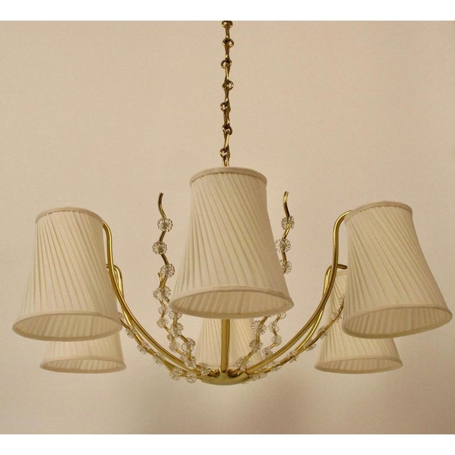Austrian 6-Arm Chandelier in Brass with Silk Shades attributed to Josef Frank, 1950s For Sale - Image 3 of 18