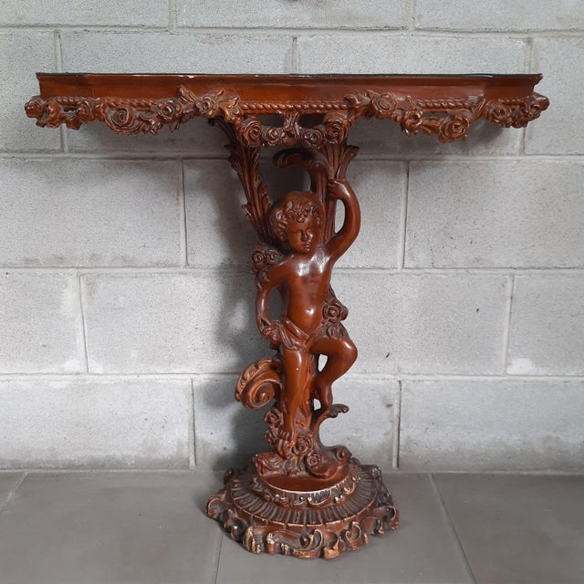 Brown Baroque Cherubs Carved Wooden Console Table and Mirror, 1950s, Set of 2 For Sale - Image 8 of 14