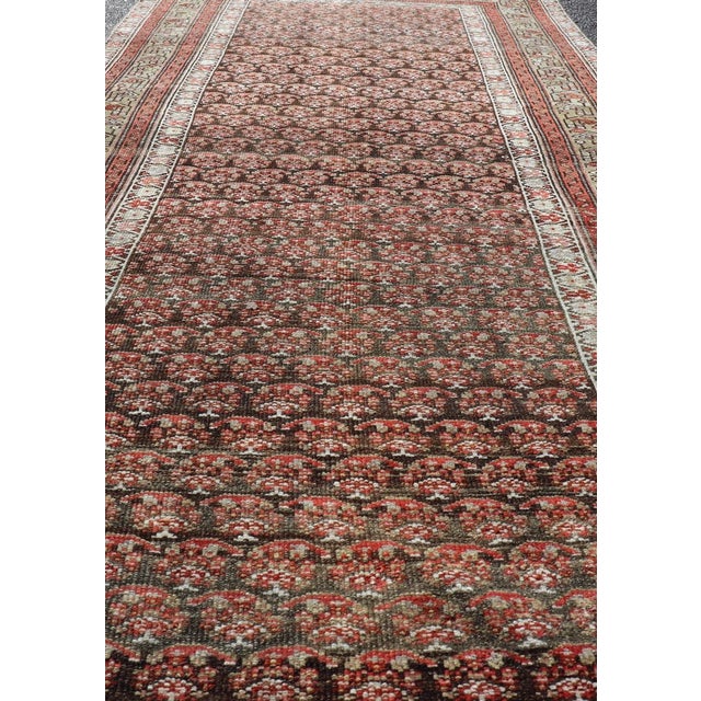 Early 20th Century Antique Kurdish Gallery Runner With All-Over Paisley Design in Brown, Red, Green 4'3 X 10'1 For Sale - Image 5 of 10