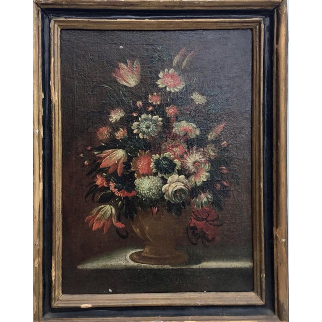 A Beautiful Italian Still Life oil painting on old canvas of a brass urn holding a bouquet of assorted flowers set on a...