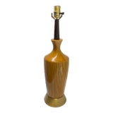 Mid Century Modern Dark Yellow Ceramic and Wood Table Lamp For Sale