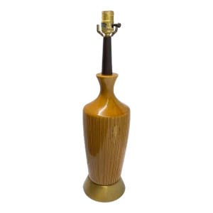 Mid Century Modern Dark Yellow Ceramic and Wood Table Lamp
