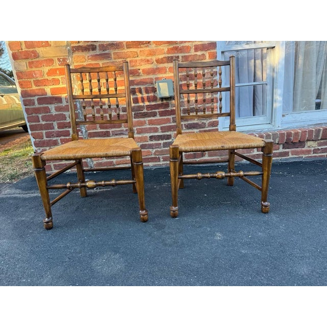 Mid 20th Century Vintage English Country Lancashire Spindle Back Rush Seat Dining Side Chairs. Set of 4 For Sale - Image 5 of 14