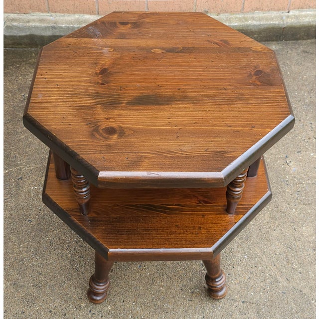 Wood Mid Century Antiqued Pine Two-Tier Octogonal Side Table For Sale - Image 7 of 8