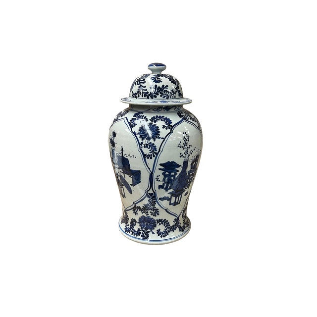 Elevate your interior decor with this magnificent vintage blue and white porcelain ginger jar, featuring intricate...