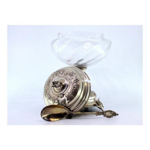 Silver and Wavy Glass Compote with Lid, Spoon and Cut-Out Feet, in Very Good conditions. Designed 1890 to 1919 This piece...