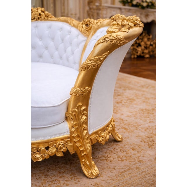 1970s Artisan Louis XVI Gold Beech White Leather Chaise-1 Pc For Sale - Image 6 of 9