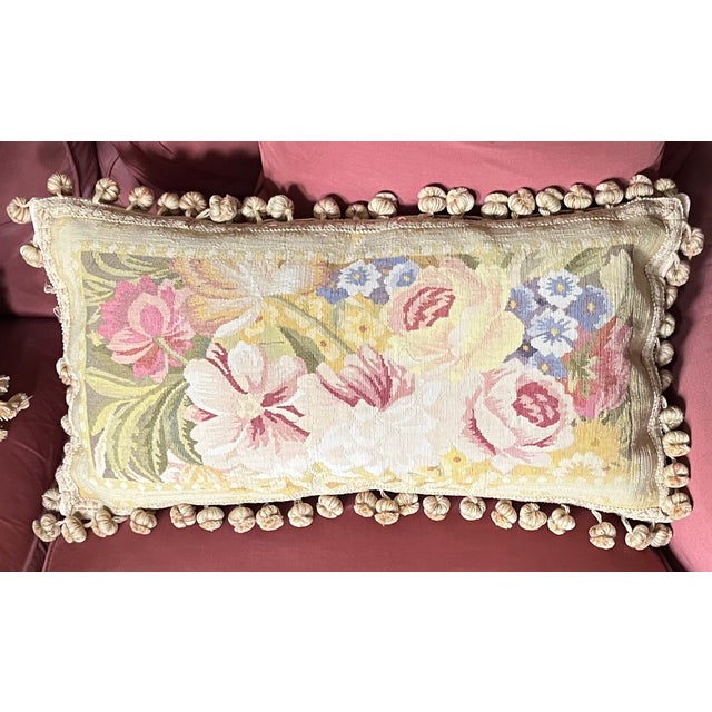 18th Century Antique 18th Century French Aubusson Tapestry Pillow With Passementerie Trim and Ball Tassel Fringe For Sale - Image 5 of 16