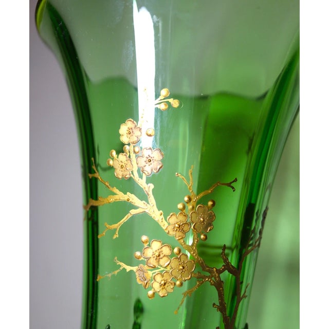 Green Antique Hand Blown Bronze Mounted Gold Gilt Green Bohemian Czech Art Glass Vase For Sale - Image 8 of 12