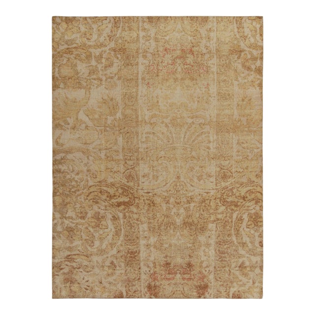 Rug & Kilim’s Distressed European Style Rug in Beige-Brown & Gold Floral Pattern For Sale