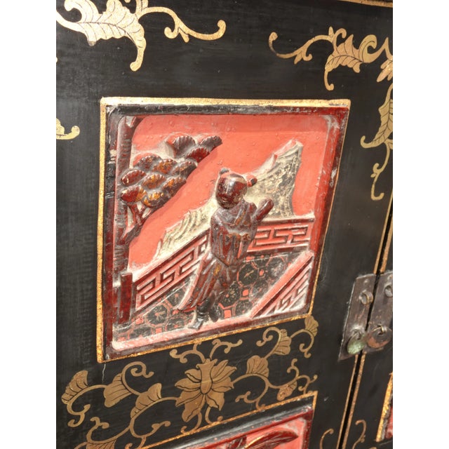 Black Vintage Chinese Asian Black & Red Hand Painted Lacquer Cabinet Side Table For Sale - Image 8 of 12