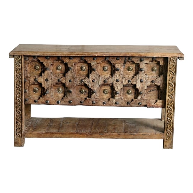 Antique Hand-Carved Door Console Table – Rustic Entryway Hall Table With Vintage Patina For Sale