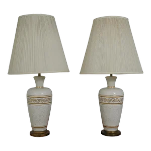 Pair Vintage 1950s Neoclassical Porcelain Gold & Off White Lamps