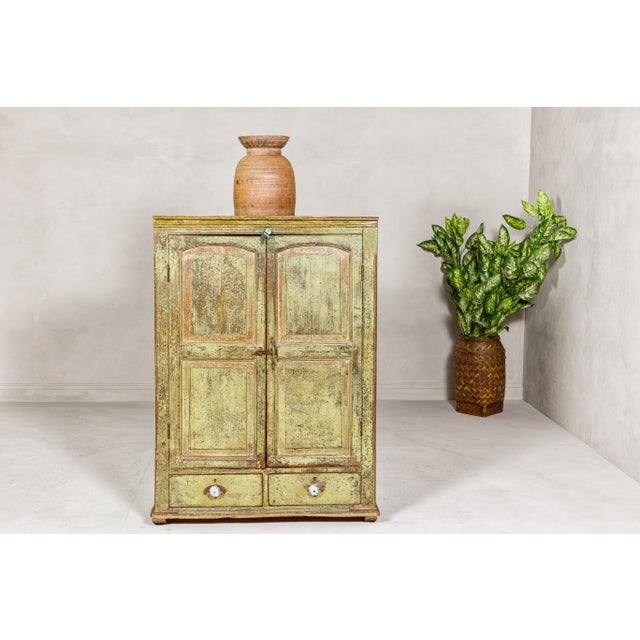 Distressed Green Painted Indian Cabinet with Paneled Doors and Two Drawers For Sale - Image 10 of 12