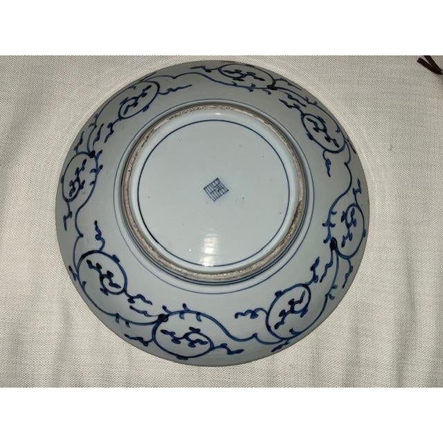 Antique 16" Blue and White Plate With Detailed and Intricate Hand Painting Pine and Plum Design For Sale - Image 6 of 18