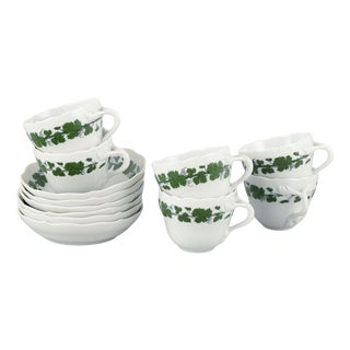 Porcelain Mocha Cups with Saucers in Vine-Leaf Pattern from Meissen, Germany, Set of 12 For Sale