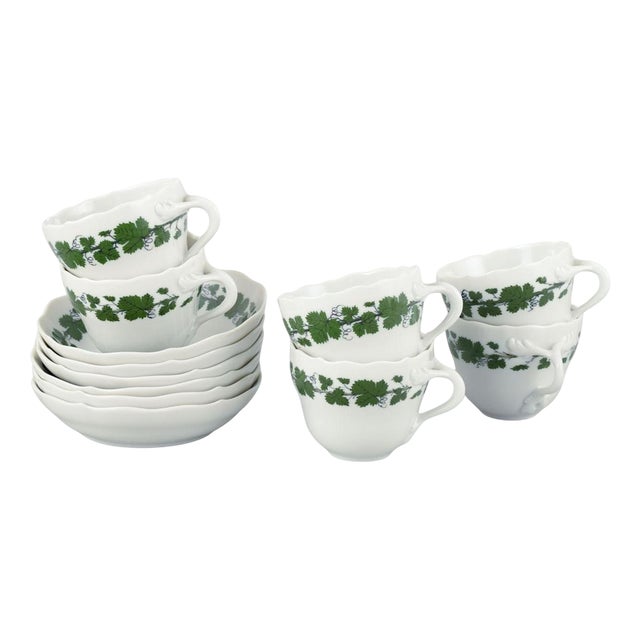 Porcelain Mocha Cups with Saucers in Vine-Leaf Pattern from Meissen, Germany, Set of 12 For Sale