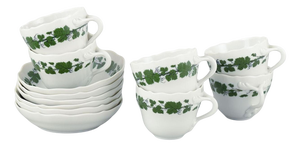Porcelain Mocha Cups with Saucers in Vine-Leaf Pattern from Meissen, Germany, Set of 12