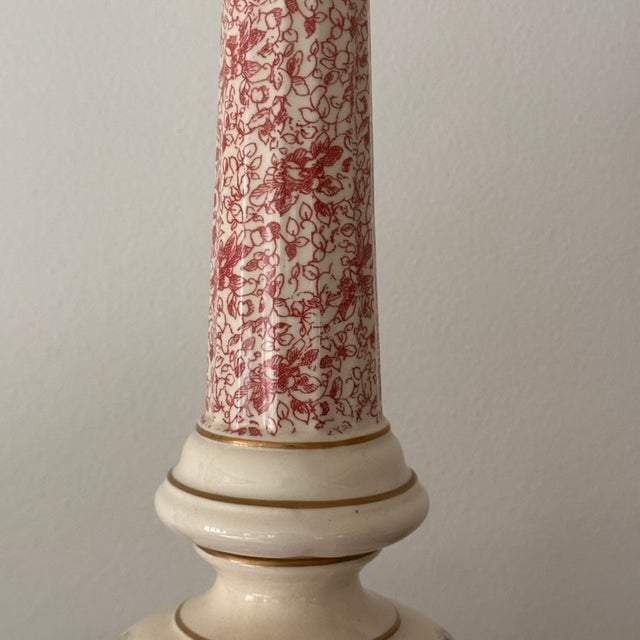 Mid 20th Century Vintage Mid-Century Tall Ceramic Pink Floral Toile Pattern Lamp W/ Gold Accents For Sale - Image 5 of 10