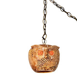 1969 Handmade Porcelain Owl Swag Lamp Pendant Light For Sale