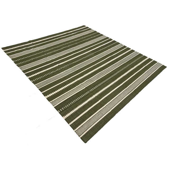 Mid-Century Modern Handmade Woolen Flat Weave Rug, Olive Green and White Striped Wool Rug - 8'x10' For Sale - Image 3 of 13
