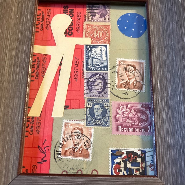 Original 4 x 6 collage done with vintage papers signed bottom left Overall size with tabletop frame is 7 x 9