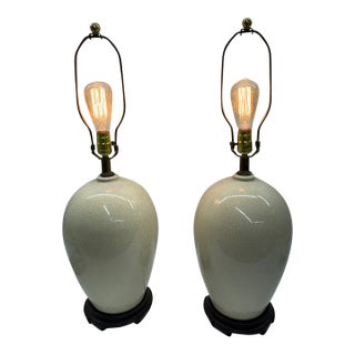 Mid 20th Century Asian Cream Crackle Glaze Ovoid Ceramic Table Lamps - A Pair For Sale