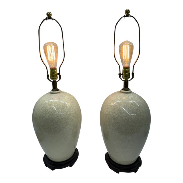 Mid 20th Century Asian Cream Crackle Glaze Ovoid Ceramic Table Lamps - A Pair For Sale