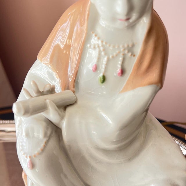 1940s Guanyin porcelain accent lamp on wooden base // vintage goddess lamp // chinoiserie lamp // designer lighting // table lamp // For Sale - Image 12 of 17