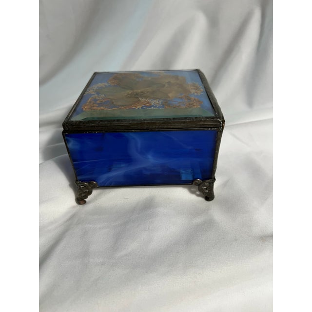 Shabby Chic Handcrafted Blue Stained Glass Trinket Box For Sale - Image 3 of 11