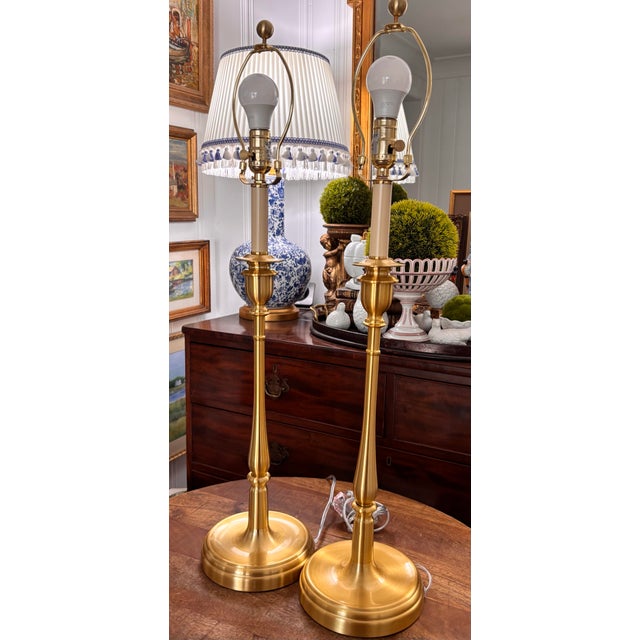 Contemporary Ralph Lauren Brushed Gold Tall Buffet Lamps With Off White Silk Shades, a Pair For Sale - Image 9 of 9