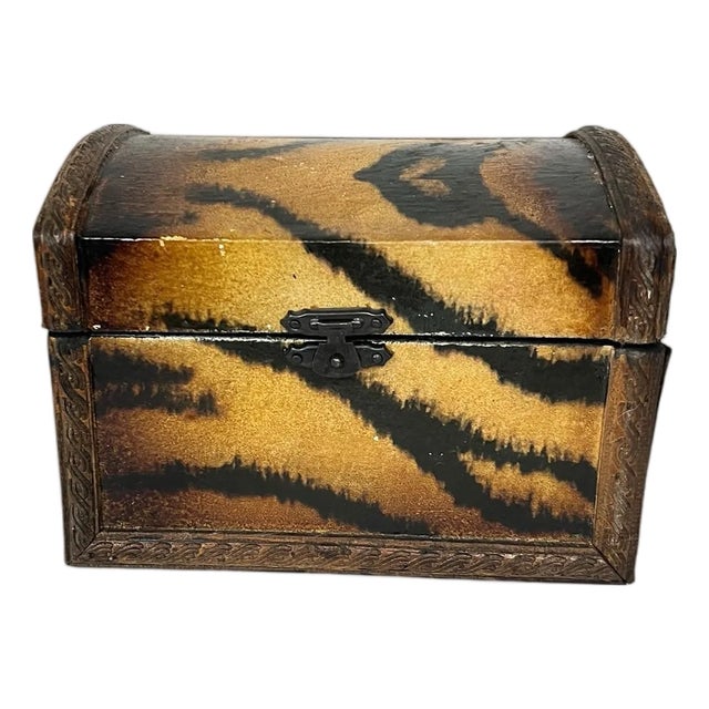 Vintage Hand Painted Animal Tiger Print Dome Top Decorative Box For Sale