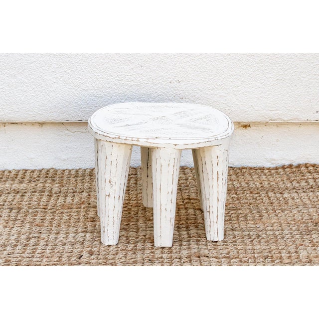 Coastal Coastal White Carved Nupe Stool For Sale - Image 3 of 7