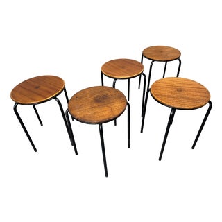 Vintage Industrial Stools in Wood and Metal, Set of 5 For Sale