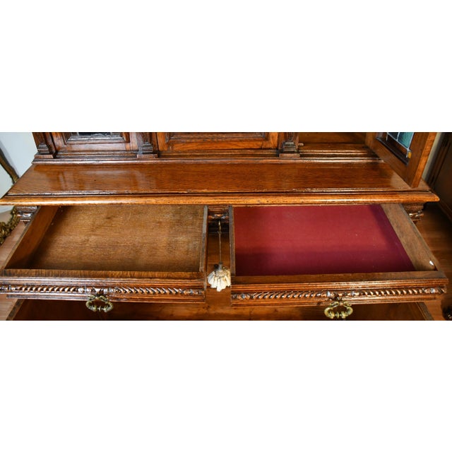 1860s Antique French Gothic Revival Solid Oak & Stained Glass Doors Cabinet For Sale - Image 10 of 18