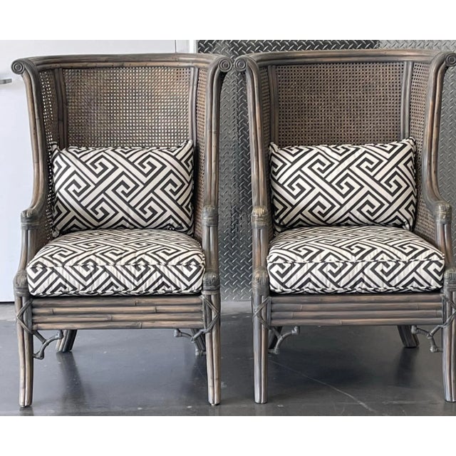 Lane Venture Cane Wingback Chairs – Pair of Coastal Rattan Accent Chairs For Sale In Naples, FL - Image 6 of 12