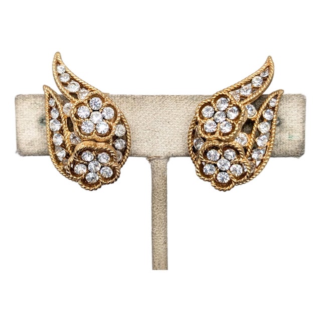 Vintage Signed Crown Trifari Goldtone Clear Rhinestone Flower Clip Earrings-2 Pieces For Sale