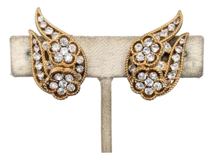 Vintage Signed Crown Trifari Goldtone Clear Rhinestone Flower Clip Earrings-2 Pieces