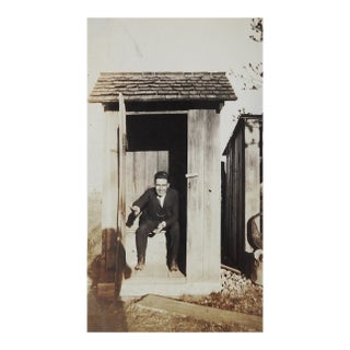 Early 20th Century Man and Shadow in Outhouse Silly Snapshot Photograph For Sale