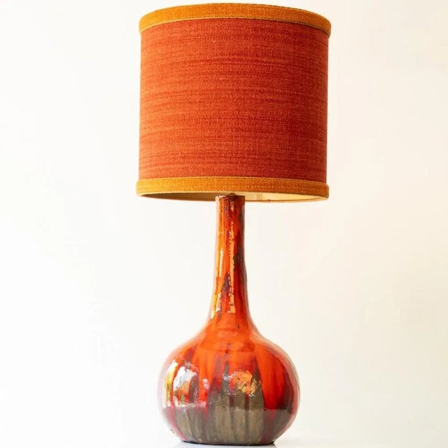1960s Red Brown Ceramic Floor Table Lamp with Lampshade attributed to R. Houben, 1970s For Sale - Image 5 of 12