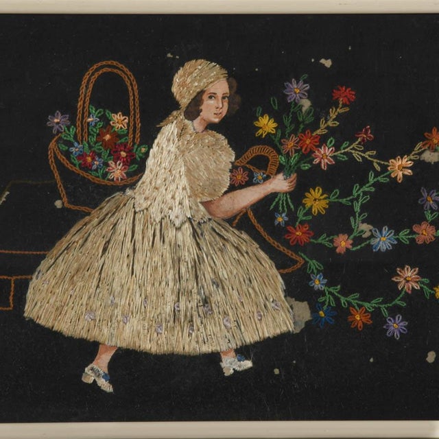 This charming, framed crewel work and inlaid straw artwork captures the innocence and whimsy of childhood through a...
