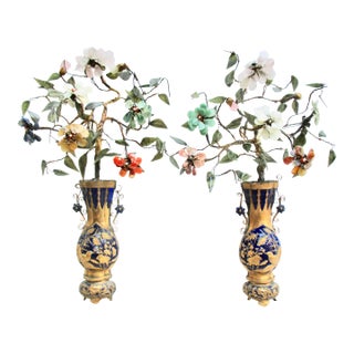 Antique Ching Chinese Enameled Wall Vase With Jade Flowers Circa 1880s For Sale